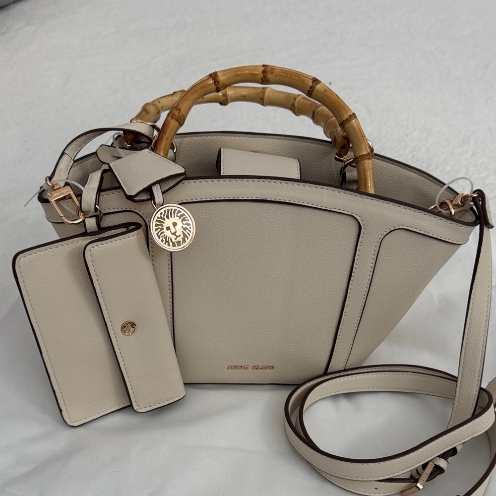 Anne Klein Dahlia Satchel Crème with Bamboo Handle NWT